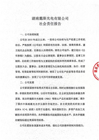 湖南戴斯光电有限公司社会责任报告